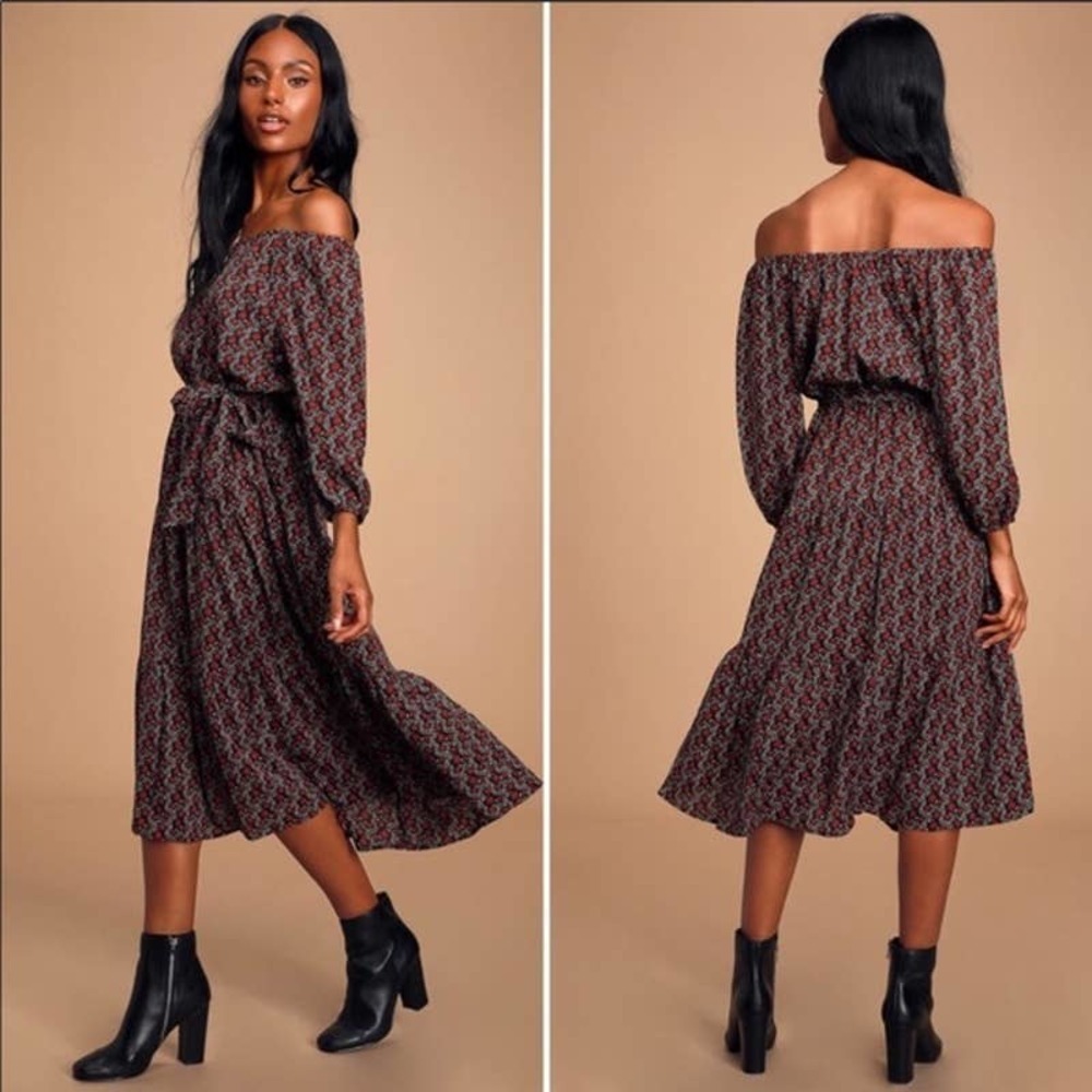 LULUS Abigayle Floral Print Off The Shoulder Midi Dress Size Small